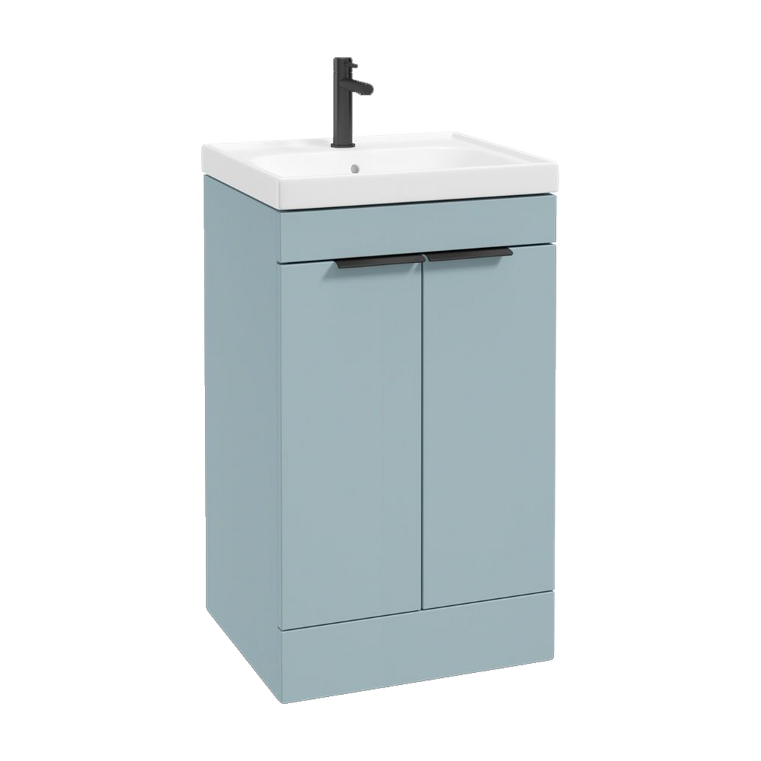 SONAS Stockholm 50cm floorstanding two door vanity unit in Matt Morning Sky Blue with matt black handles