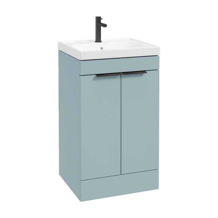 SONAS Stockholm 50cm floorstanding two door vanity unit in Matt Morning Sky Blue with matt black handles