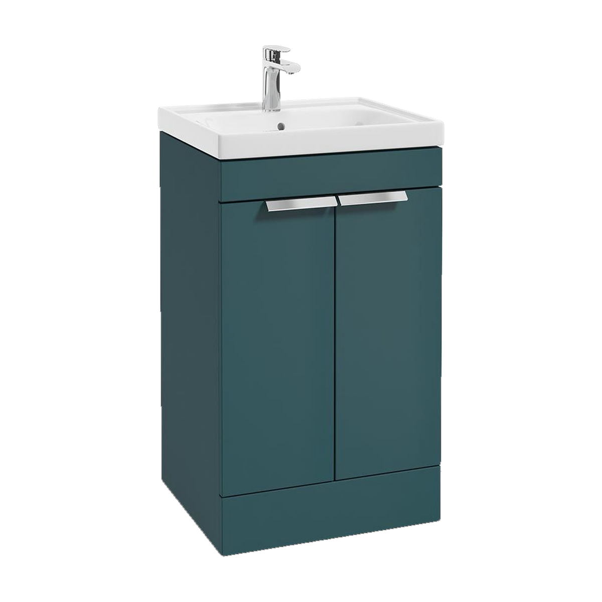 SONAS Stockholm 50cm floorstanding two door vanity unit in Matt Ocean Blue with brushed chrome handles