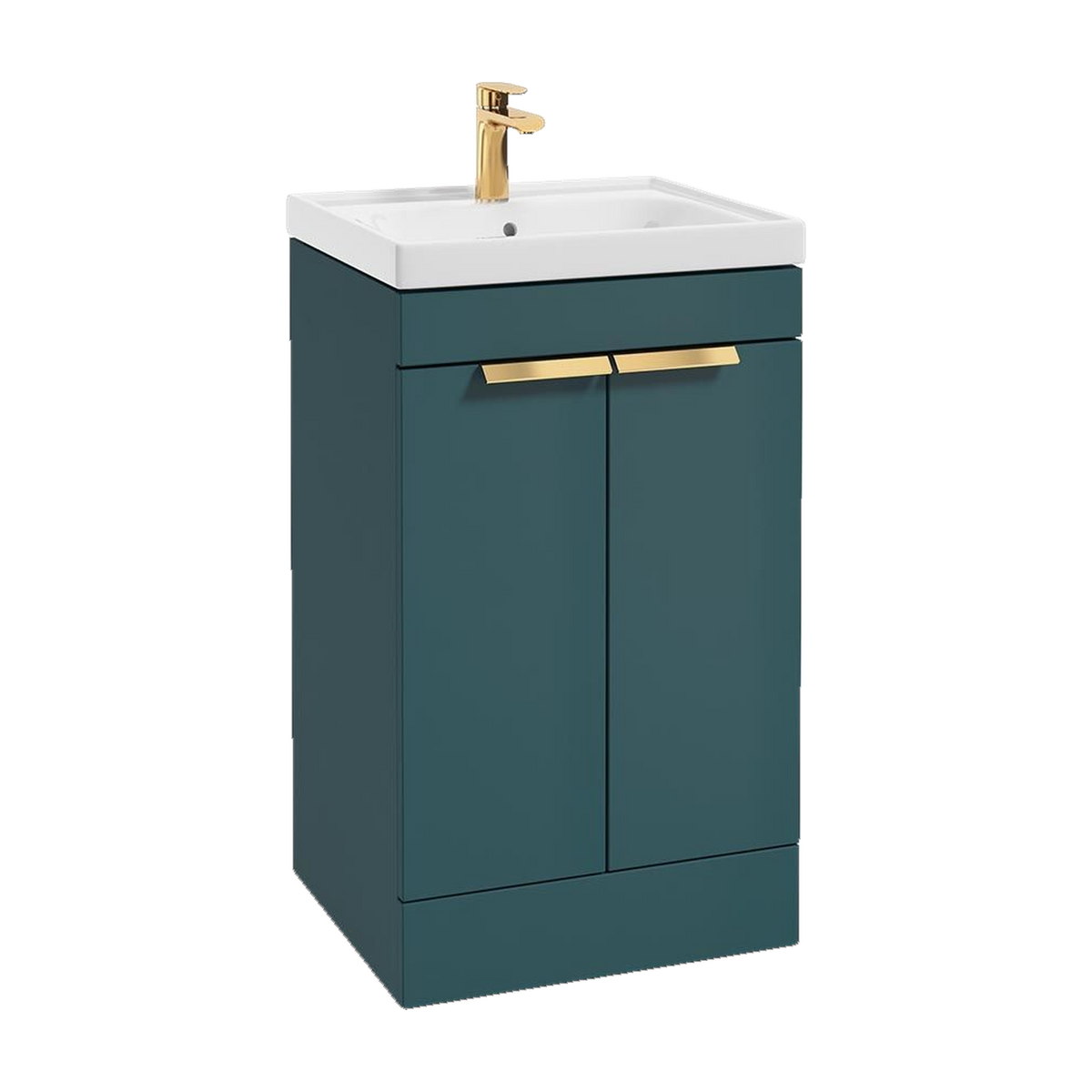 SONAS Stockholm 50cm floorstanding two door vanity unit in Matt Ocean Blue with brushed gold handles