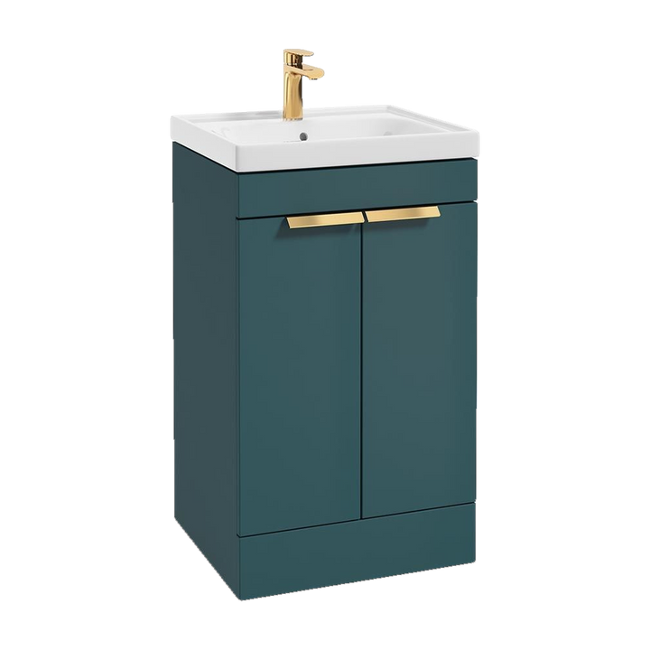 SONAS Stockholm 50cm floorstanding two door vanity unit in Matt Ocean Blue with brushed gold handles