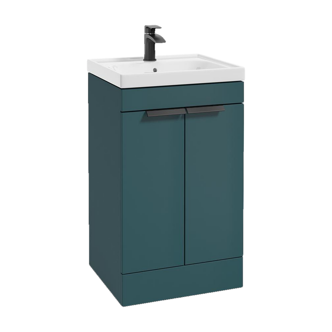 SONAS Stockholm 50cm floorstanding two door vanity unit in Matt Ocean Blue with matt black handles