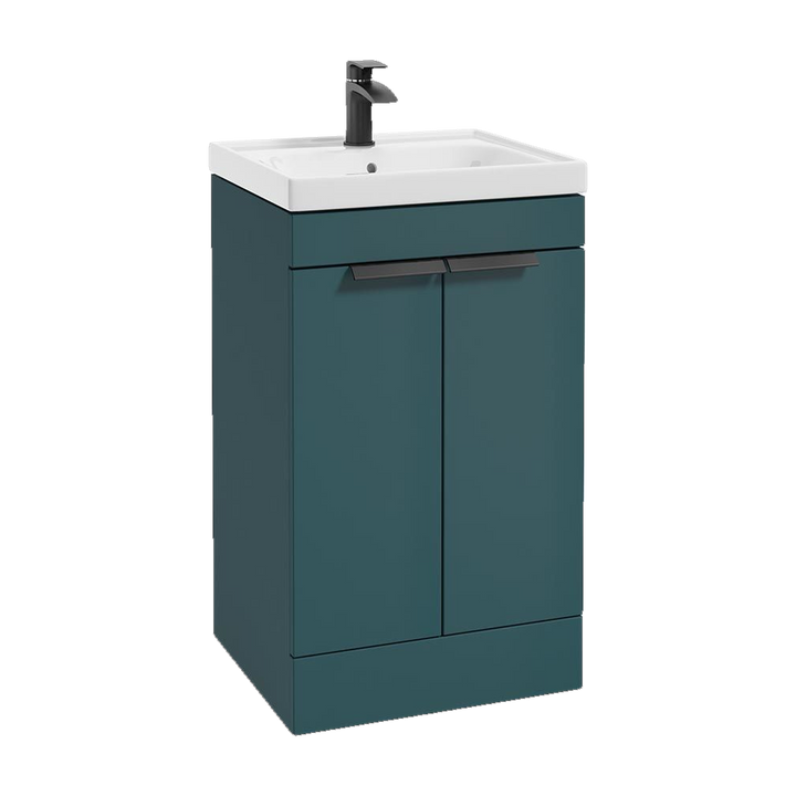 SONAS Stockholm 50cm floorstanding two door vanity unit in Matt Ocean Blue with matt black handles