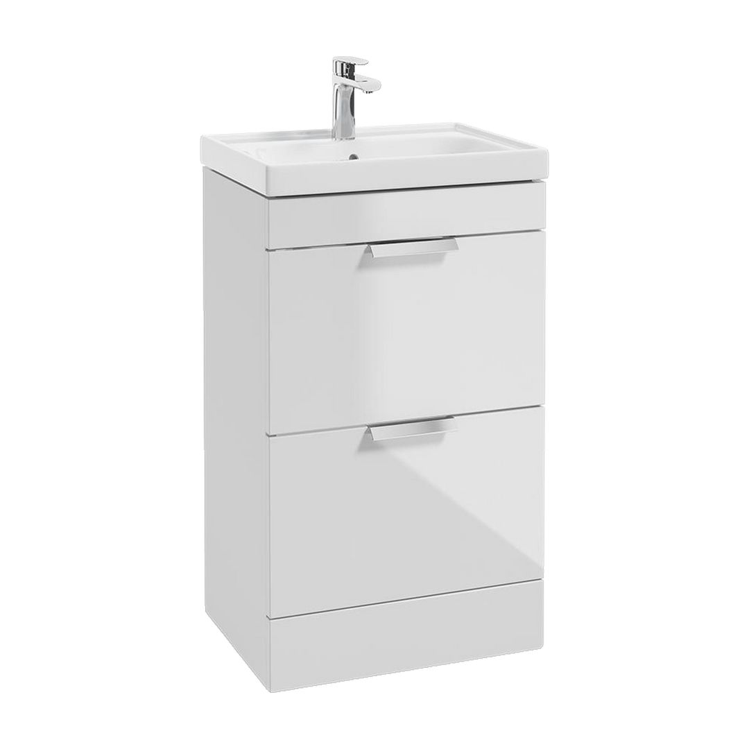 SONAS Stockholm 50cm floorstanding two drawer vanity unit in Gloss White with brushed chrome handles