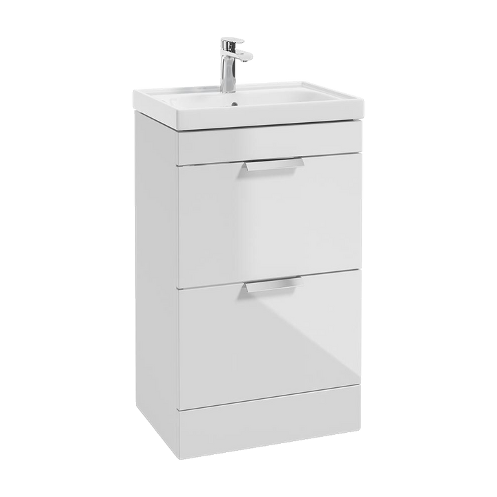 SONAS Stockholm 50cm floorstanding two drawer vanity unit in Gloss White with brushed chrome handles