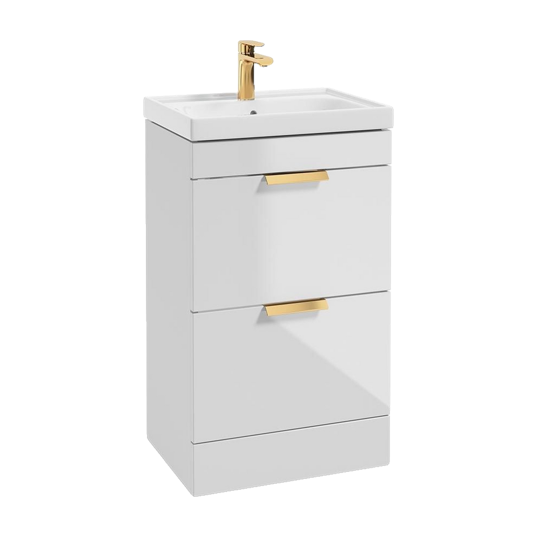 SONAS Stockholm 50cm floorstanding two drawer vanity unit in Gloss White with brushed gold handles