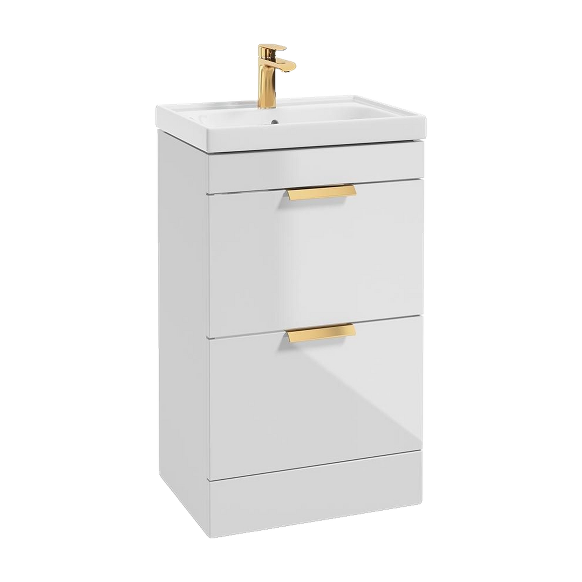 SONAS Stockholm 50cm floorstanding two drawer vanity unit in Gloss White with brushed gold handles
