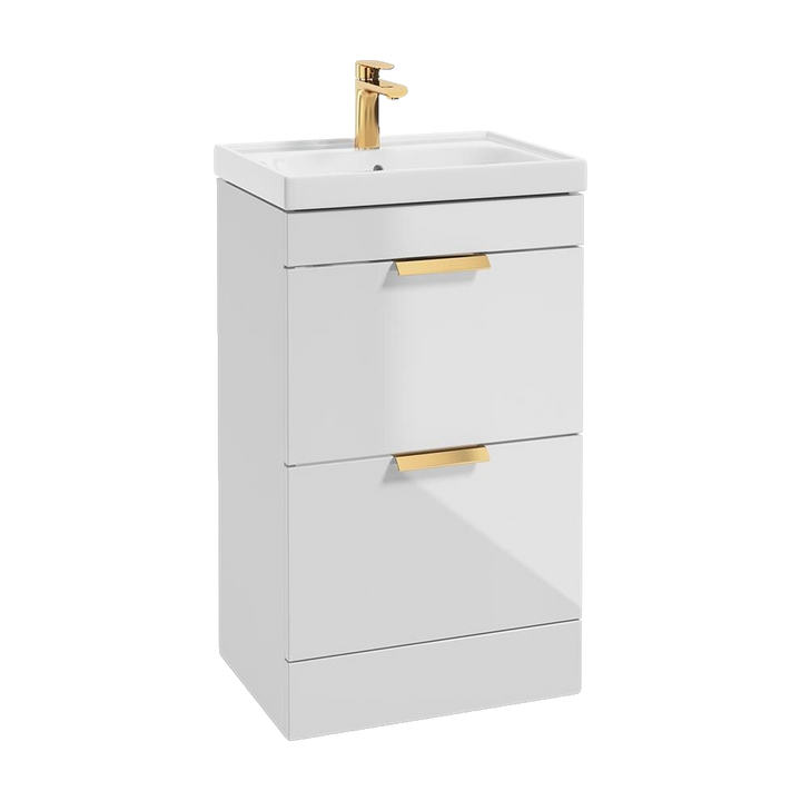 SONAS Stockholm 50cm floorstanding two drawer vanity unit in Gloss White with brushed gold handles