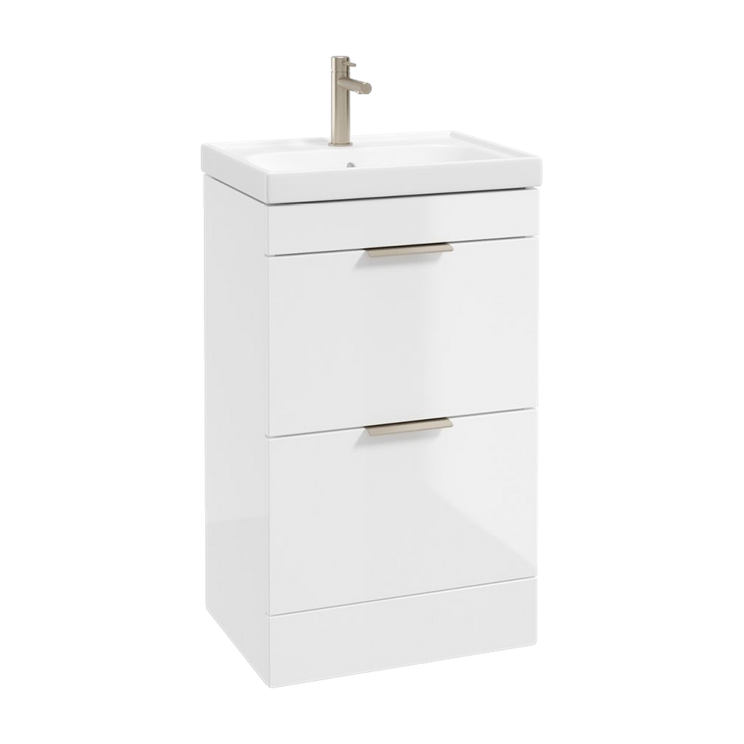 SONAS Stockholm 50cm floorstanding two drawer vanity unit in Gloss White with brushed nickel handles