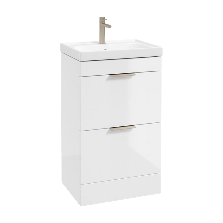SONAS Stockholm 50cm floorstanding two drawer vanity unit in Gloss White with brushed nickel handles