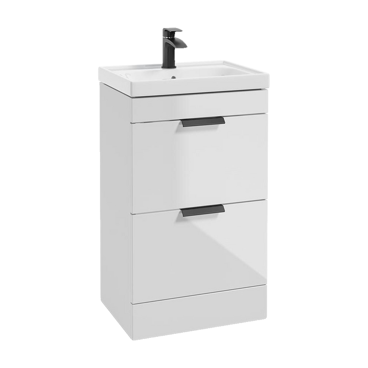 SONAS Stockholm 50cm floorstanding two drawer vanity unit in Gloss White with matt black handles