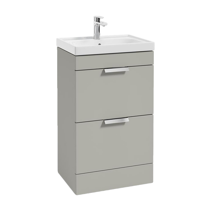 SONAS Stockholm 50cm floorstanding two drawer vanity unit in Matt Arctic Grey with brushed chrome handles