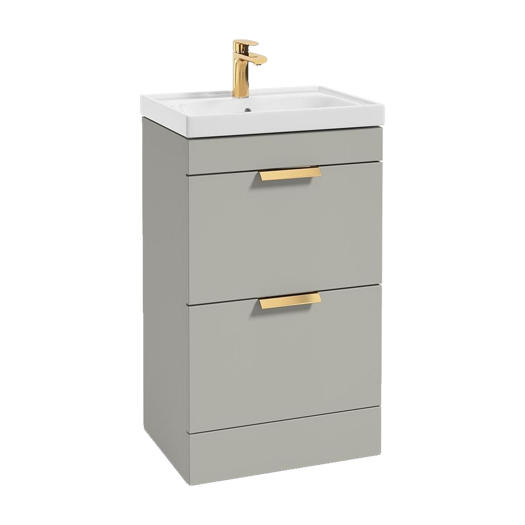 SONAS Stockholm 50cm floorstanding two drawer vanity unit in Matt Arctic Grey with brushed gold handles