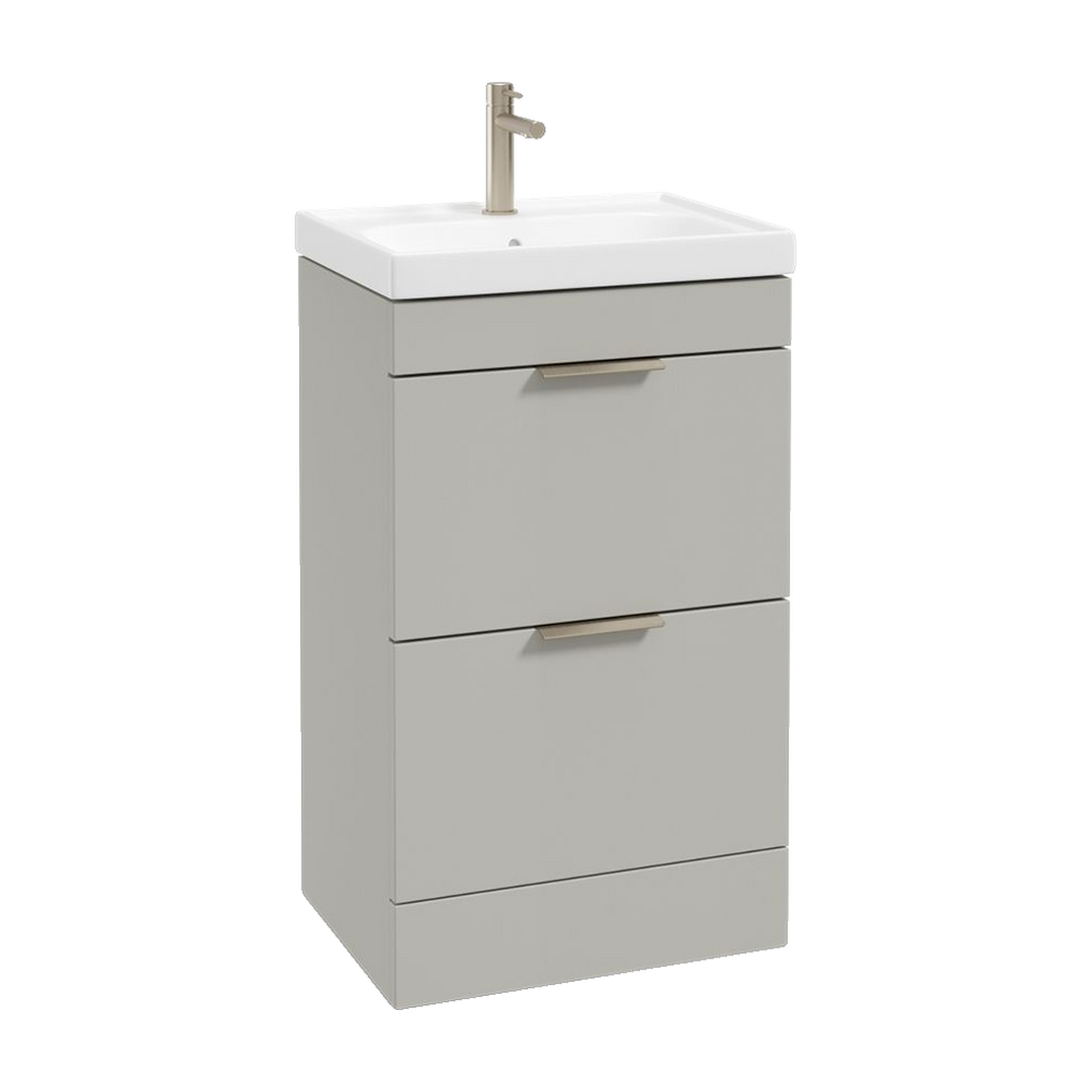 SONAS Stockholm 50cm floorstanding two drawer vanity unit in Matt Arctic Grey with brushed nickel handles