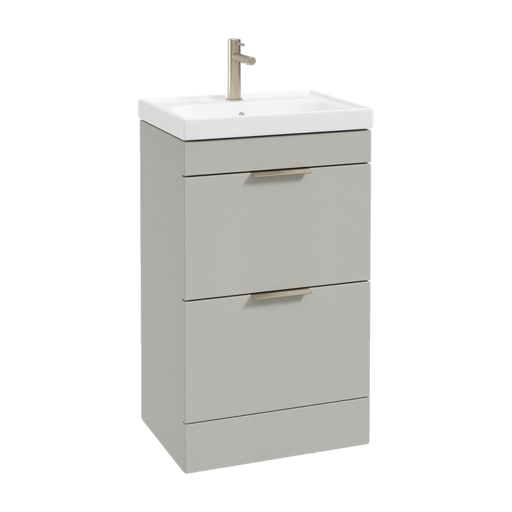 SONAS Stockholm 50cm floorstanding two drawer vanity unit in Matt Arctic Grey with brushed nickel handles