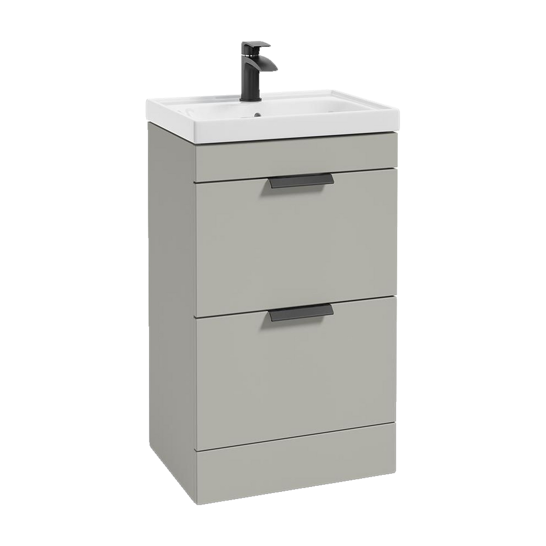 SONAS Stockholm 50cm floorstanding two drawer vanity unit in Matt Arctic Grey with matt black handles