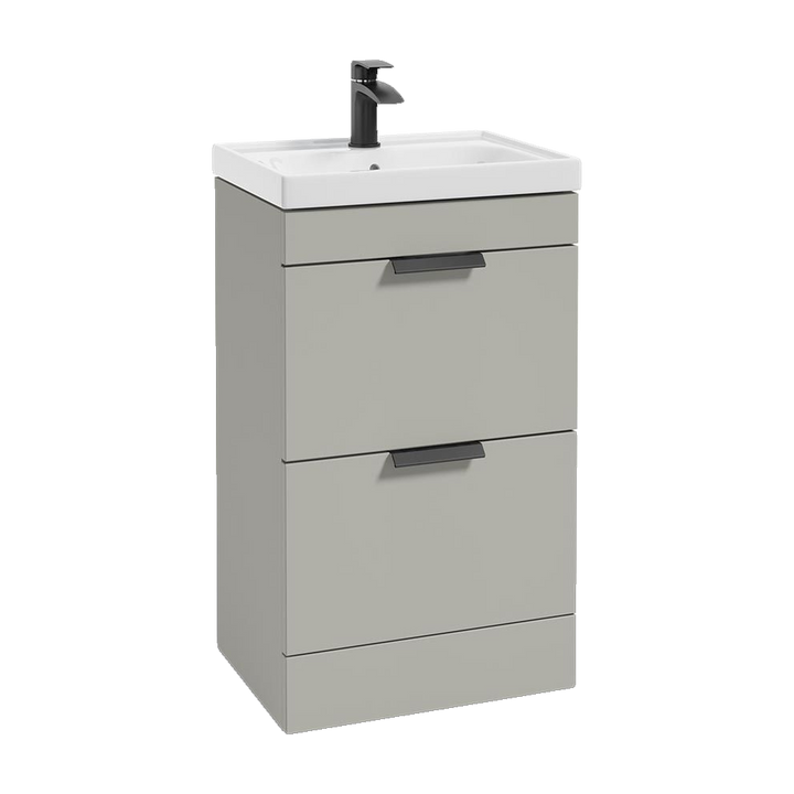 SONAS Stockholm 50cm floorstanding two drawer vanity unit in Matt Arctic Grey with matt black handles