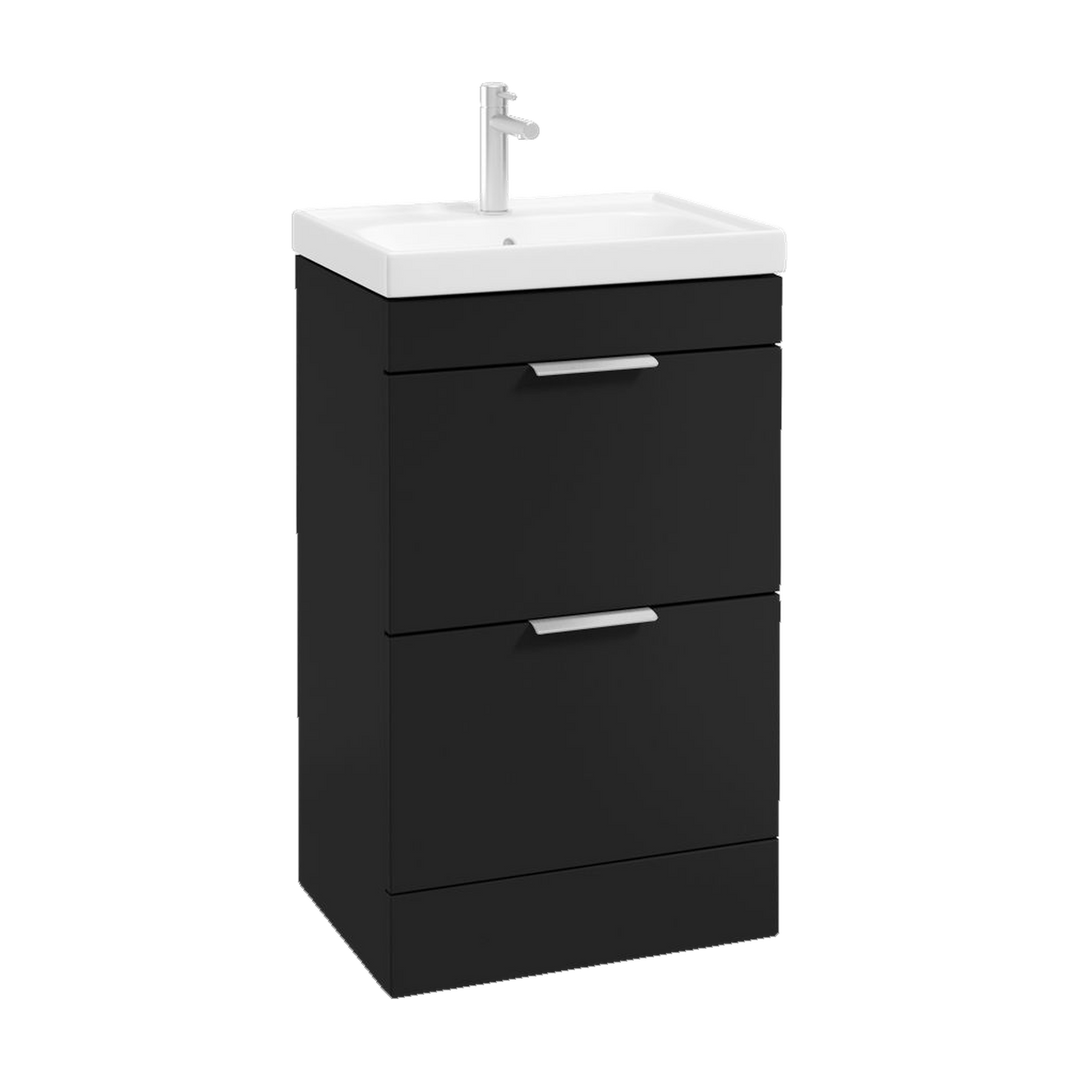 SONAS Stockholm 50cm floorstanding two drawer vanity unit in Matt Black with brushed chrome handles