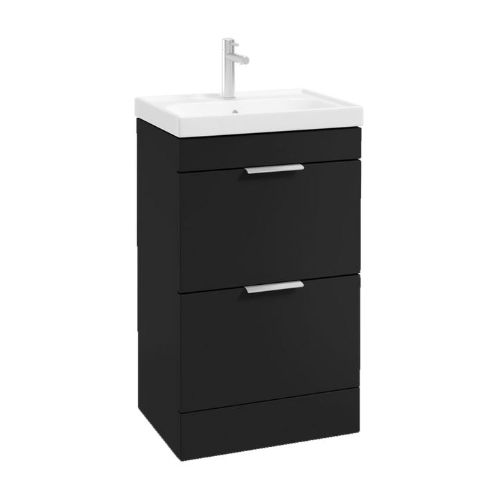 SONAS Stockholm 50cm floorstanding two drawer vanity unit in Matt Black with brushed chrome handles