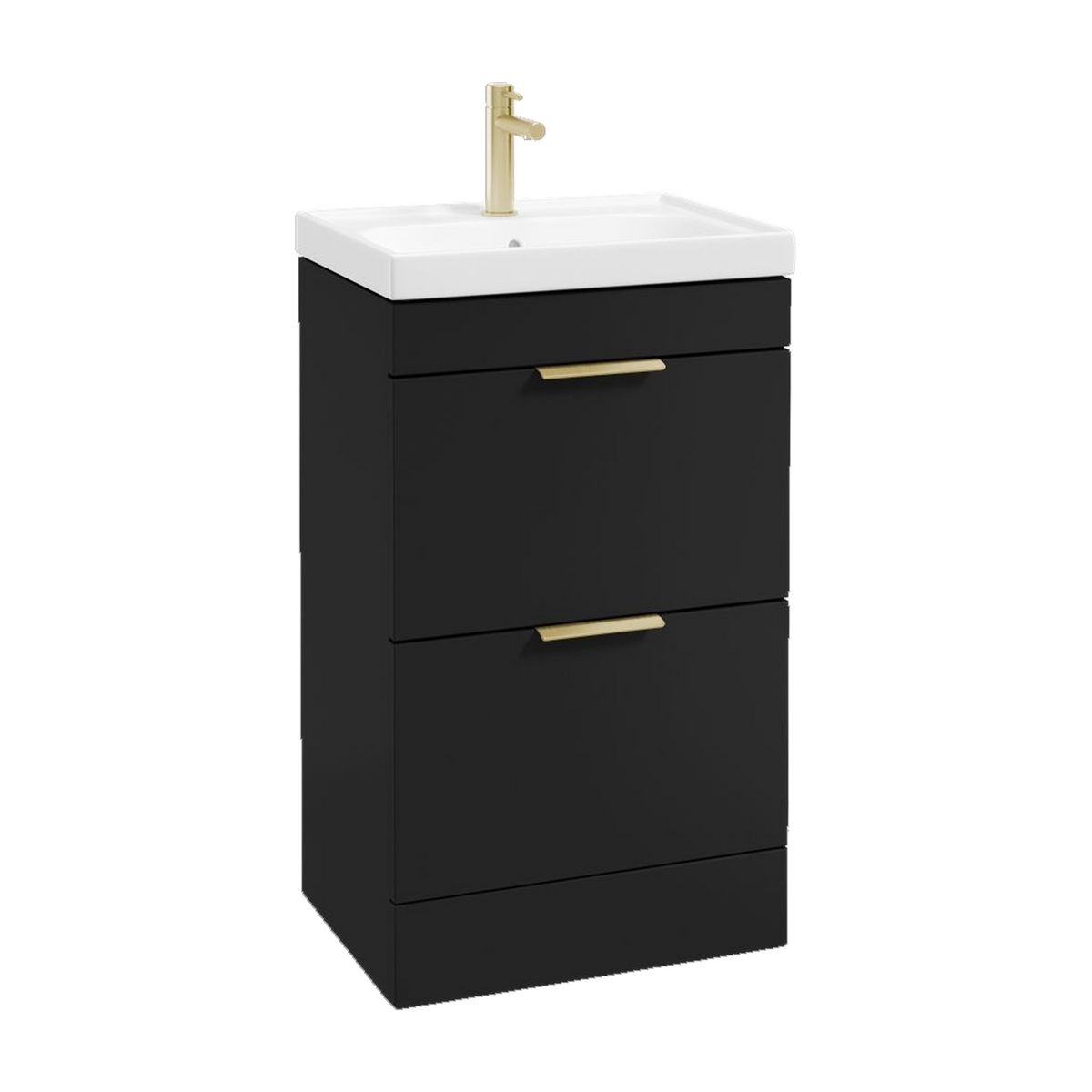 SONAS Stockholm 50cm floorstanding two drawer vanity unit in Matt Black with brushed gold handles