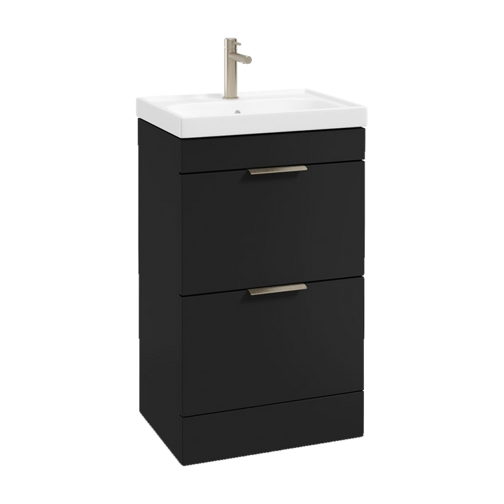 SONAS Stockholm 50cm floorstanding two drawer vanity unit in Matt Black with brushed nickel handles