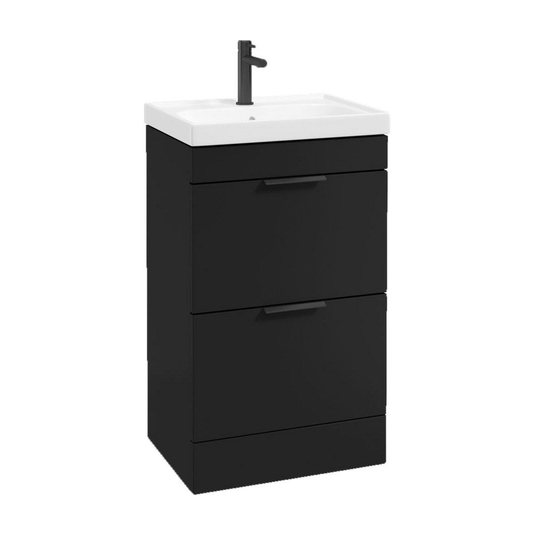 SONAS Stockholm 50cm floorstanding two drawer vanity unit in Matt Black with matt black handles