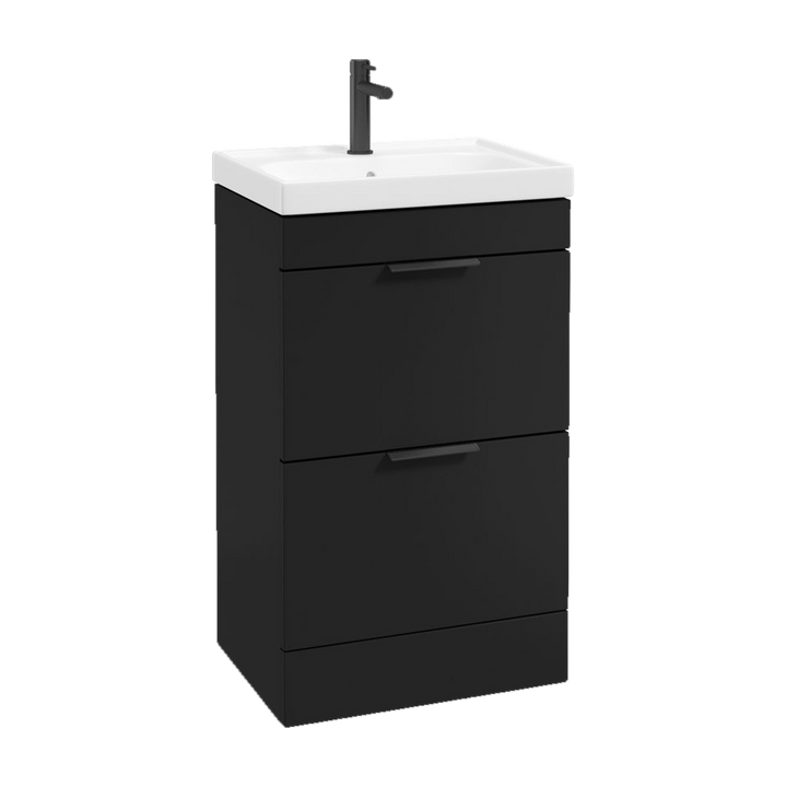 SONAS Stockholm 50cm floorstanding two drawer vanity unit in Matt Black with matt black handles