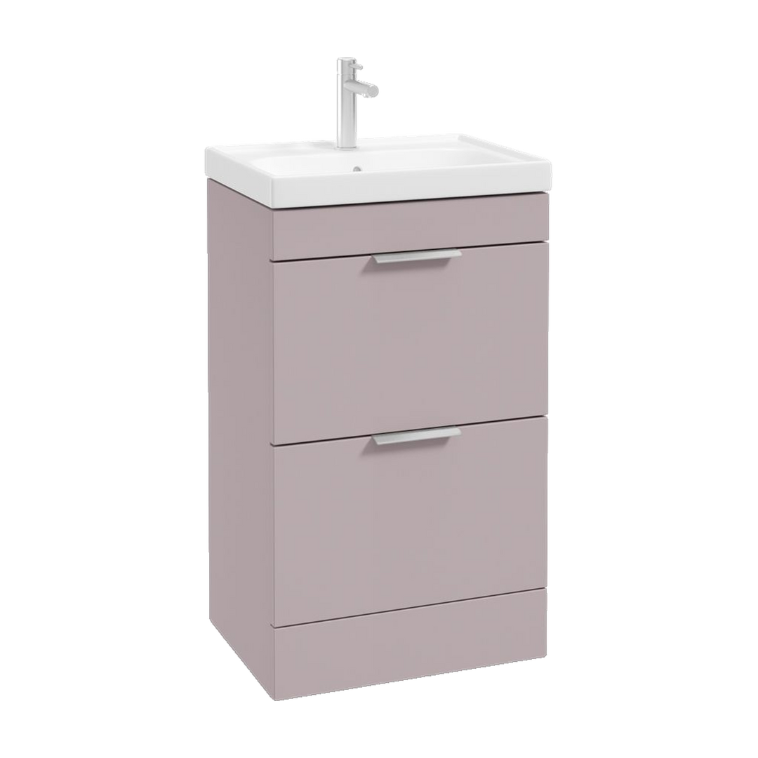 SONAS Stockholm 50cm floorstanding two drawer vanity unit in Matt Cashmere Pink with brushed chrome handles