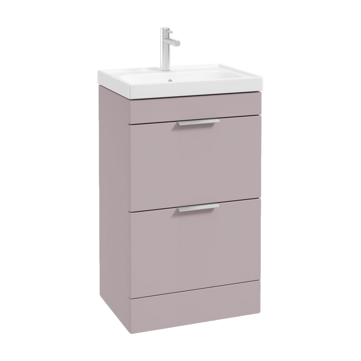 SONAS Stockholm 50cm floorstanding two drawer vanity unit in Matt Cashmere Pink with brushed chrome handles