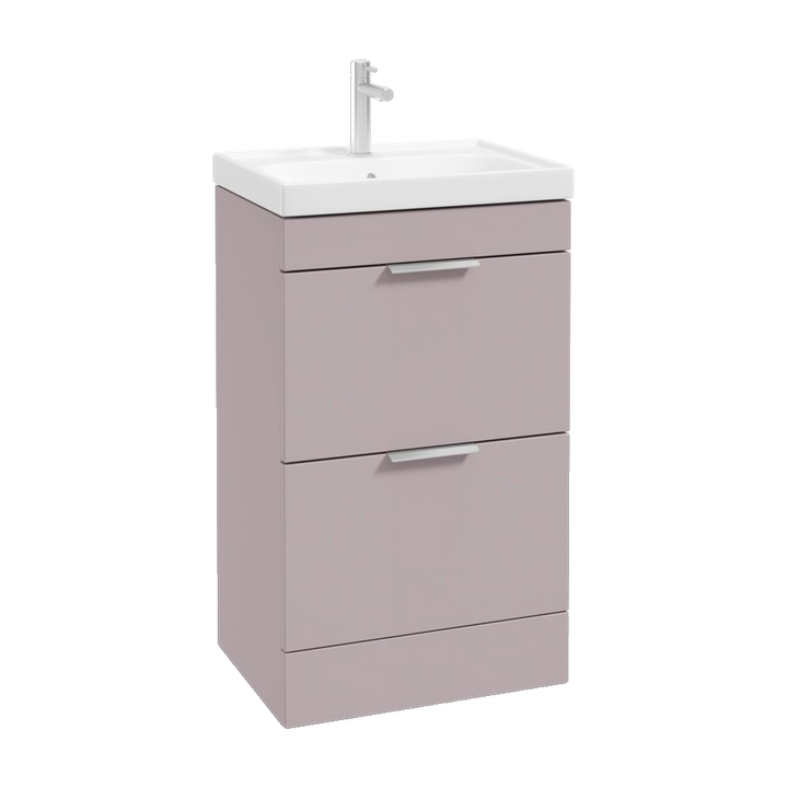 SONAS Stockholm 50cm floorstanding two drawer vanity unit in Matt Cashmere Pink with brushed chrome handles