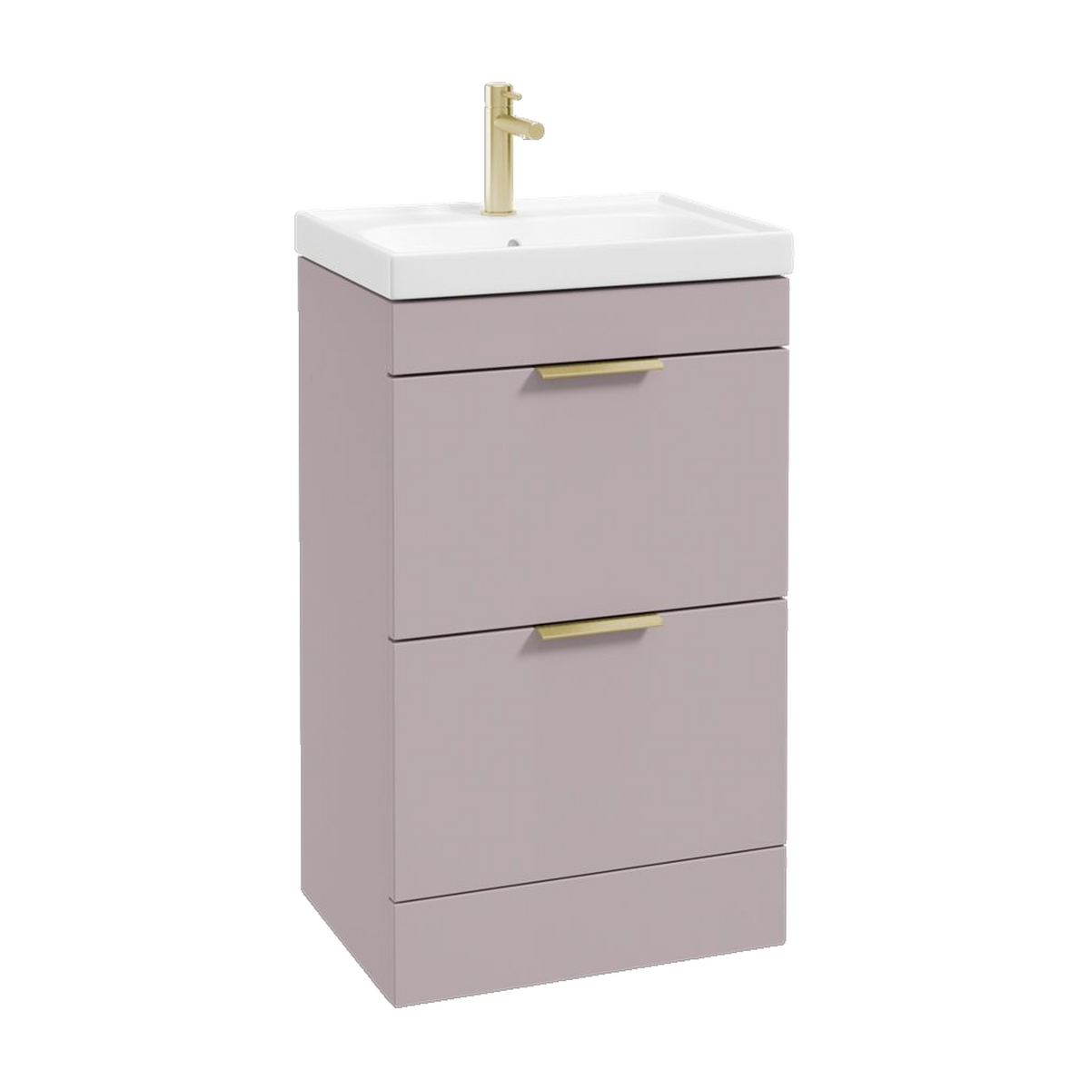 SONAS Stockholm 50cm floorstanding two drawer vanity unit in Matt Cashmere Pink with brushed gold handles
