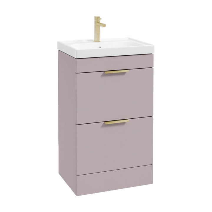 SONAS Stockholm 50cm floorstanding two drawer vanity unit in Matt Cashmere Pink with brushed gold handles