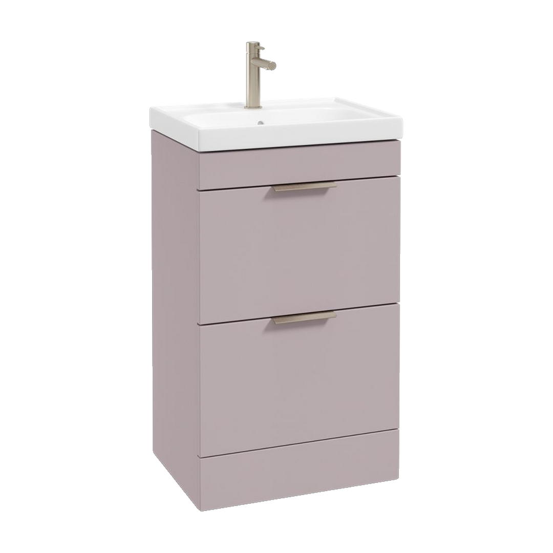 SONAS Stockholm 50cm floorstanding two drawer vanity unit in Matt Cashmere Pink with brushed nickel handles