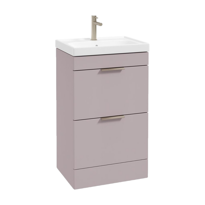 SONAS Stockholm 50cm floorstanding two drawer vanity unit in Matt Cashmere Pink with brushed nickel handles