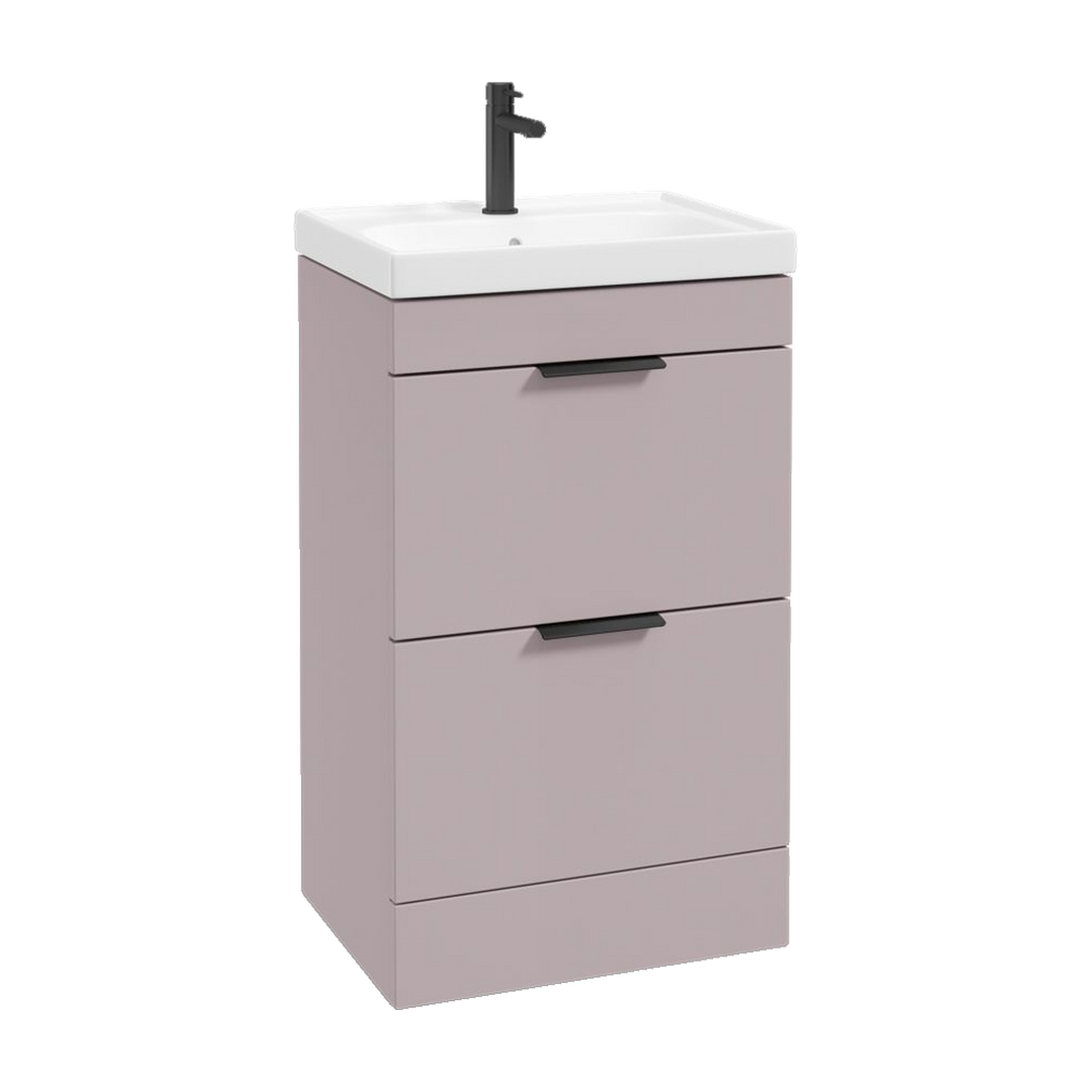 SONAS Stockholm 50cm floorstanding two drawer vanity unit in Matt Cashmere Pink with matt black handles