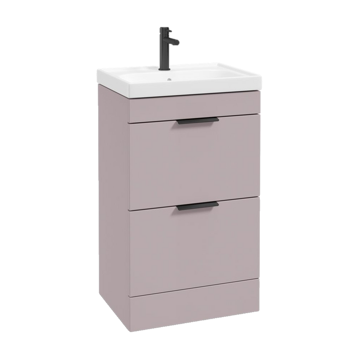 SONAS Stockholm 50cm floorstanding two drawer vanity unit in Matt Cashmere Pink with matt black handles