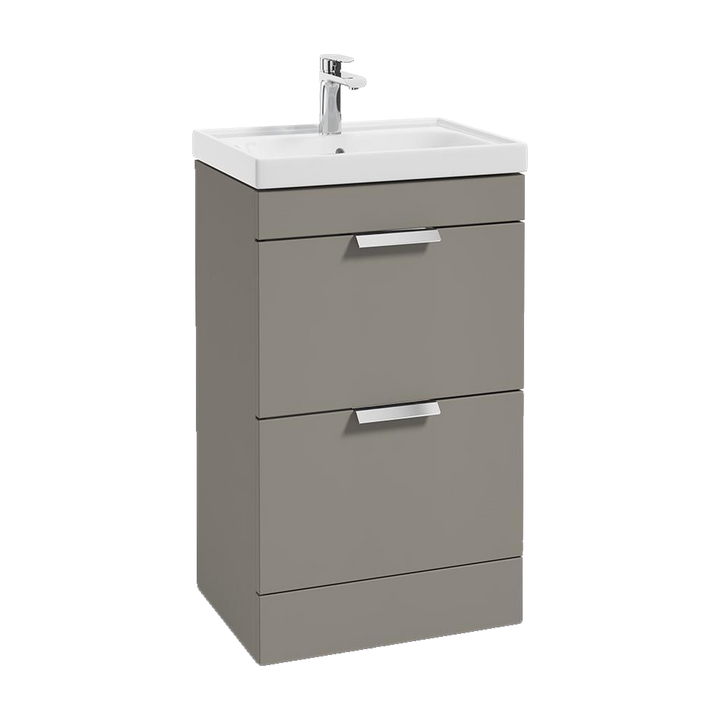 SONAS Stockholm 50cm floorstanding two drawer vanity unit in Matt Khaki with brushed chrome handles