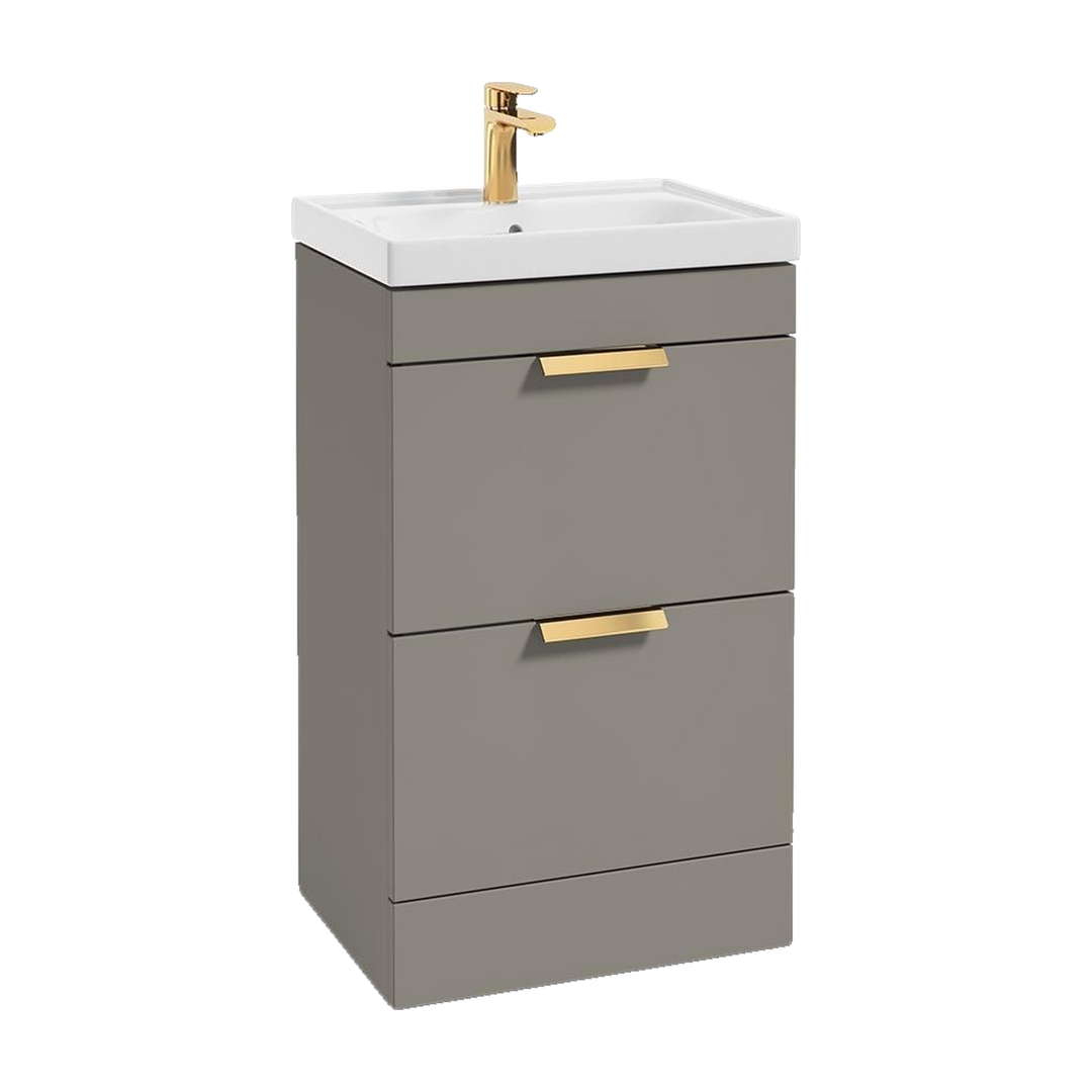 SONAS Stockholm 50cm floorstanding two drawer vanity unit in Matt Khaki with brushed gold handles