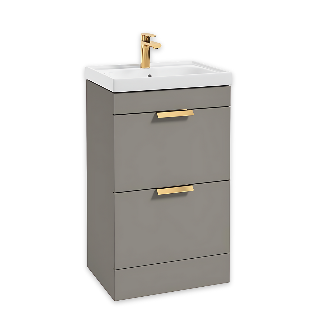 SONAS Stockholm 50cm floorstanding two drawer vanity unit in Matt Khaki with brushed gold handles