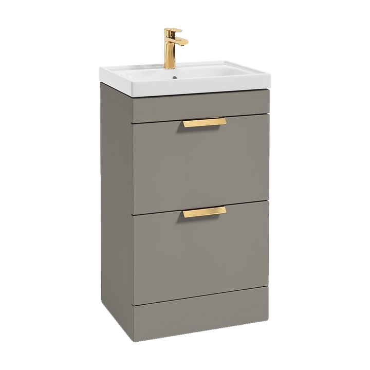 SONAS Stockholm 50cm floorstanding two drawer vanity unit in Matt Khaki with brushed gold handles