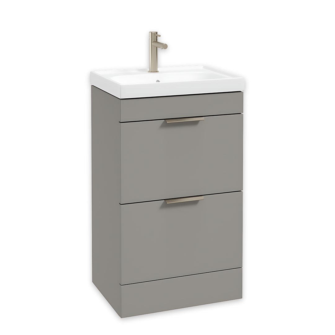 SONAS Stockholm 50cm floorstanding two drawer vanity unit in Matt Khaki with brushed nickel handles