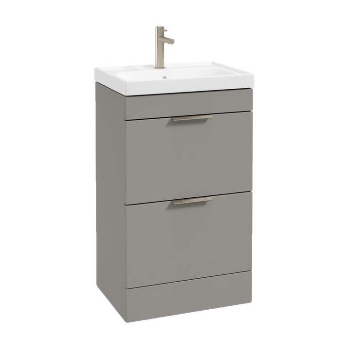 SONAS Stockholm 50cm floorstanding two drawer vanity unit in Matt Khaki with brushed nickel handles