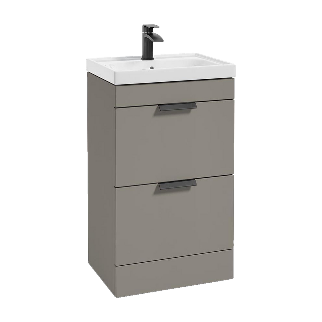 SONAS Stockholm 50cm floorstanding two drawer vanity unit in Matt Khaki with matt black handles