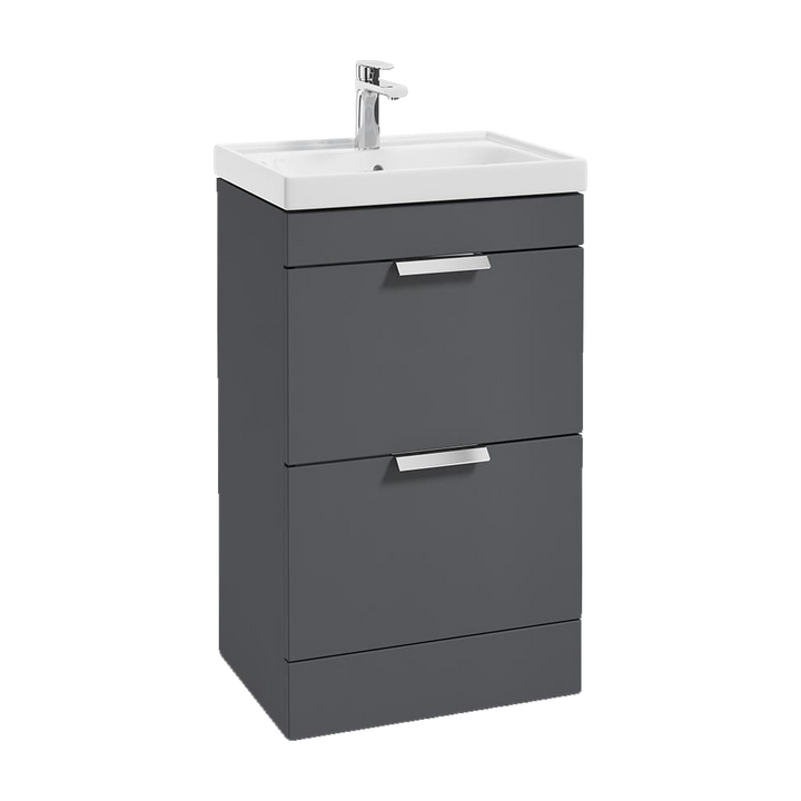SONAS Stockholm 50cm floorstanding two drawer vanity unit in Matt Midnight Grey with brushed chrome handles