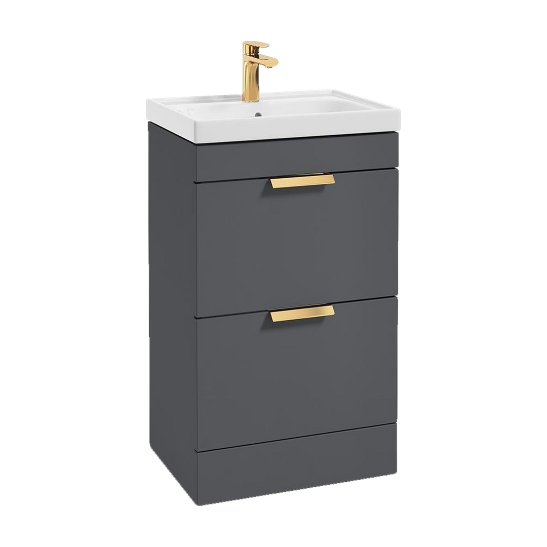 SONAS Stockholm 50cm floorstanding two drawer vanity unit in Matt Midnight Grey with brushed gold handles