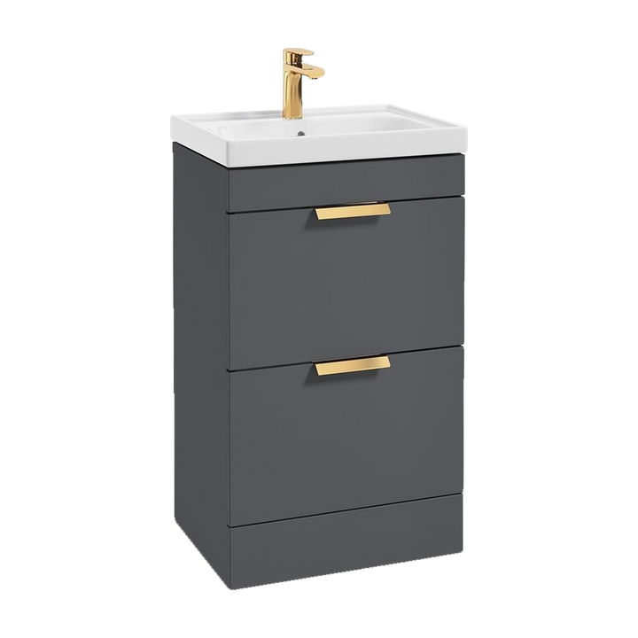 SONAS Stockholm 50cm floorstanding two drawer vanity unit in Matt Midnight Grey with brushed gold handles