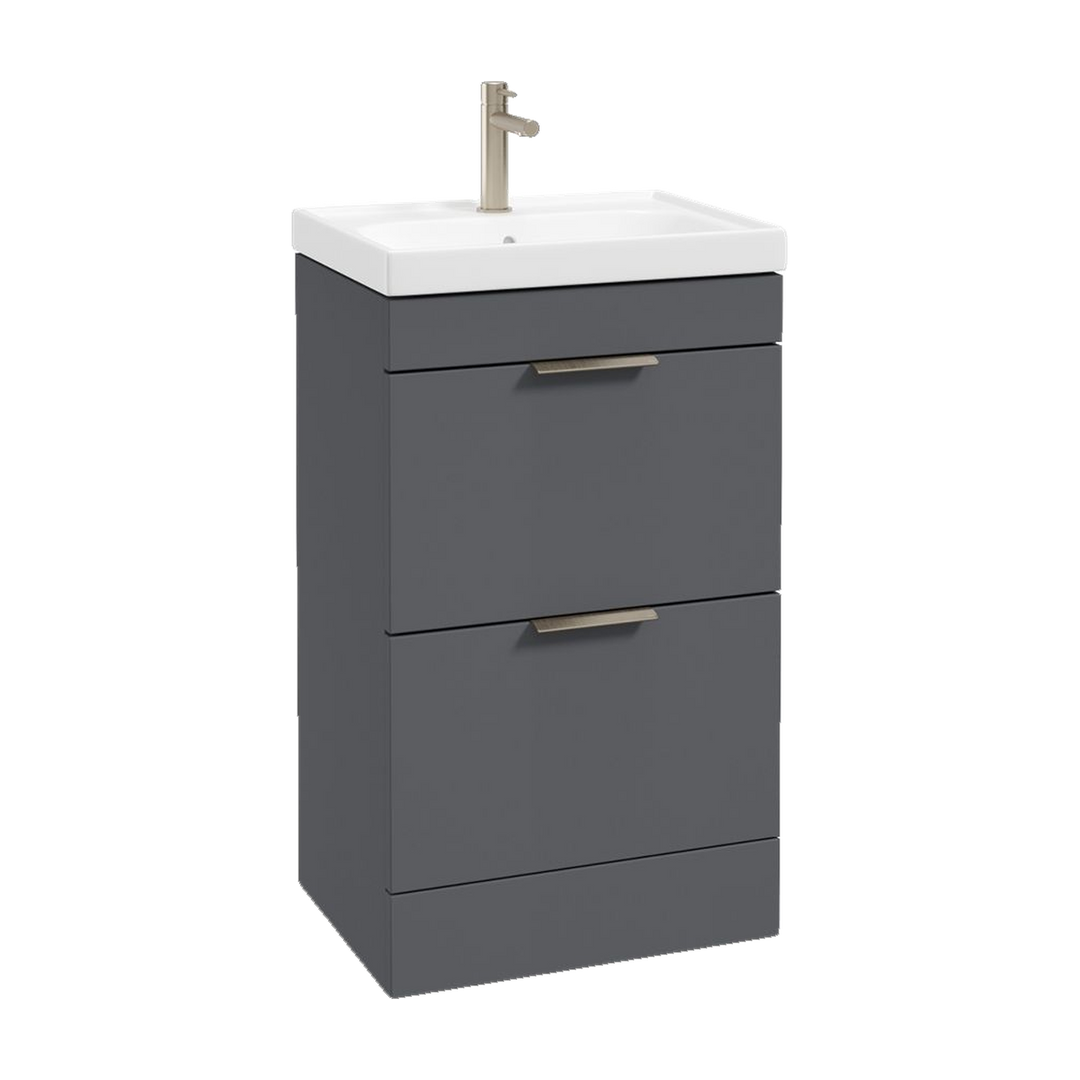 SONAS Stockholm 50cm floorstanding two drawer vanity unit in Matt Midnight Grey with brushed nickel handles