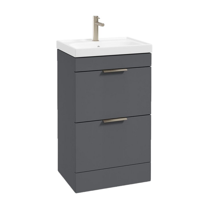 SONAS Stockholm 50cm floorstanding two drawer vanity unit in Matt Midnight Grey with brushed nickel handles