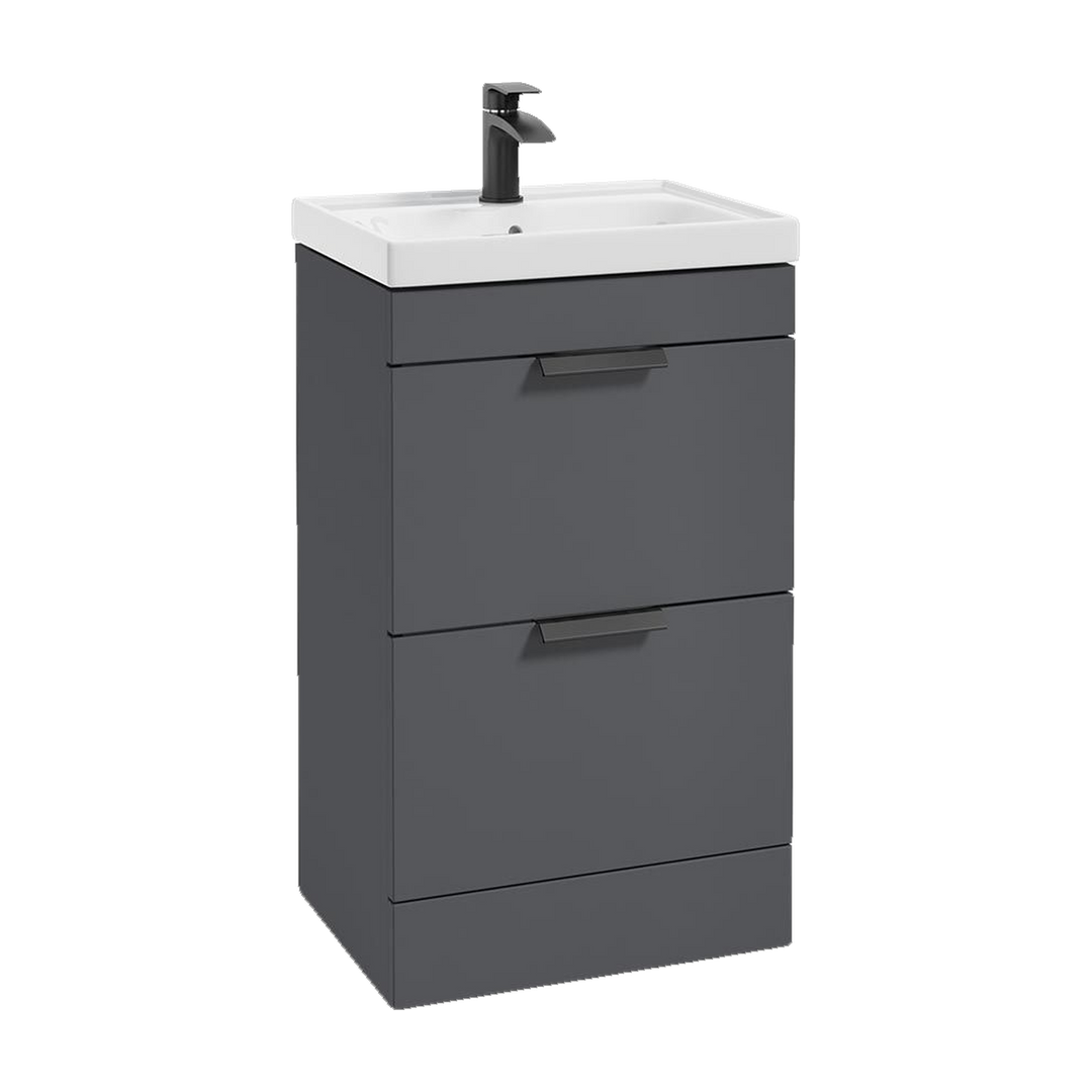 SONAS Stockholm 50cm floorstanding two drawer vanity unit in Matt Midnight Grey with matt black handles