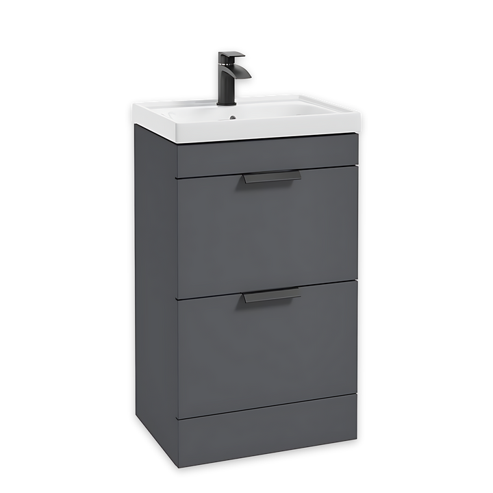 SONAS Stockholm 50cm floorstanding two drawer vanity unit in Matt Midnight Grey with matt black handles